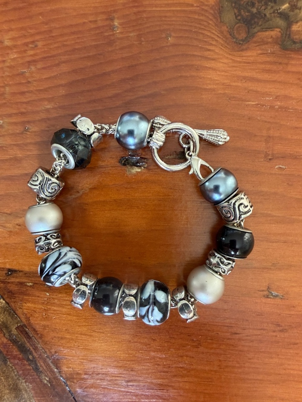 Black and Gray Beaded Women's Bracelet - Silver Accents